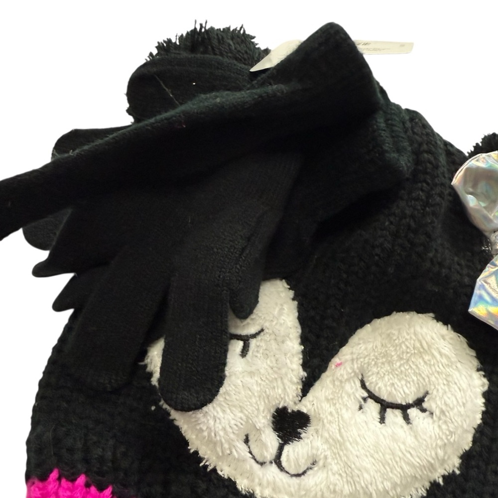 Girls' Winter Hat & Gloves Set Black Knit Critter Beanie with Silver Bow NWT - Picture 3 of 7